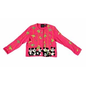 VTG Y2K Michael Simon Hot Pink Panda Bears Embroidered Beaded Cardigan Sz L RARE